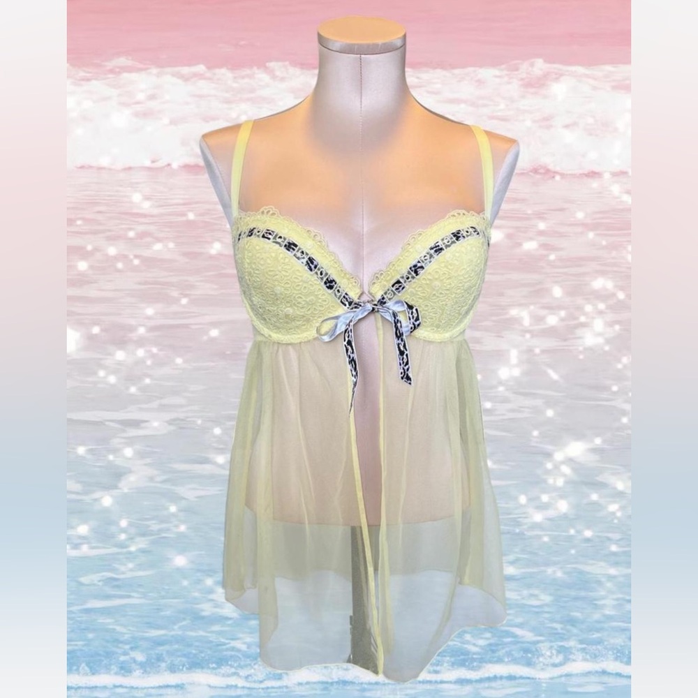 Victoria’s Secret sheer yellow lace babydoll top with bow detail Size 36C